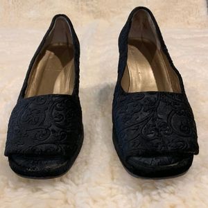 Joan David Black Velvet Pattern Chunky Heels